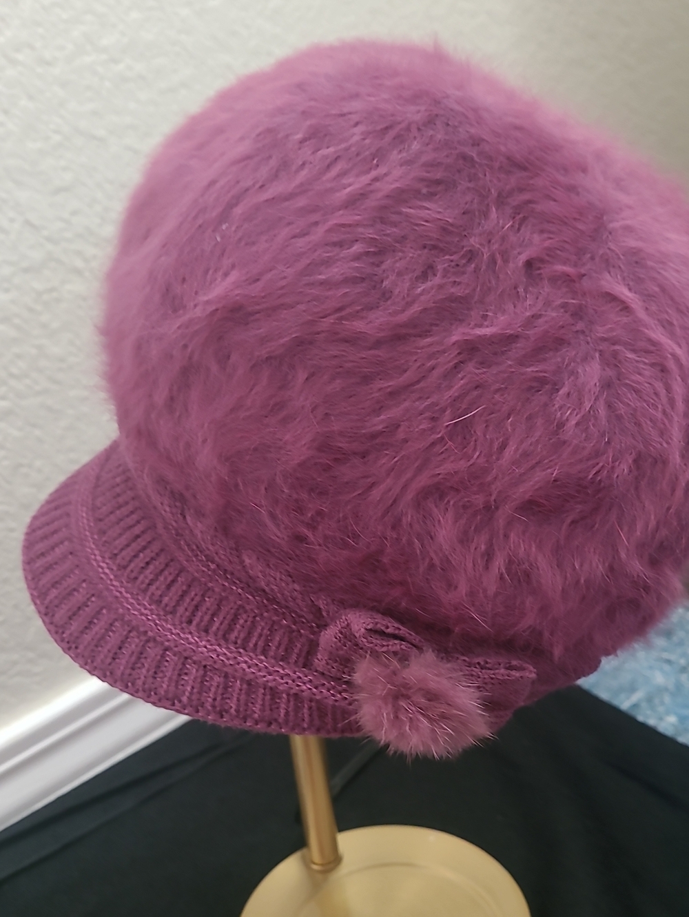 Women’s Beret Hat Angora Pom Pom Beanie - Purple - Picture 6 of 8
